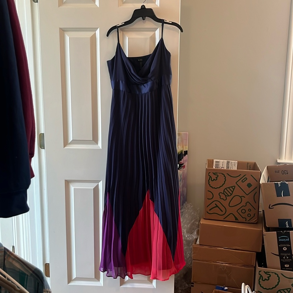 BCBG navy pleated gown with adjustable straps